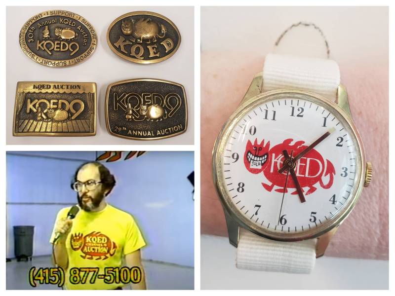 Three separate images: One of four gold belt buckles, all depicting different versions of the same devil monster. One of a white watch with the devil monster on the clock face. One yellow t-shirt featuring the monster as seen on an auction broadcast.