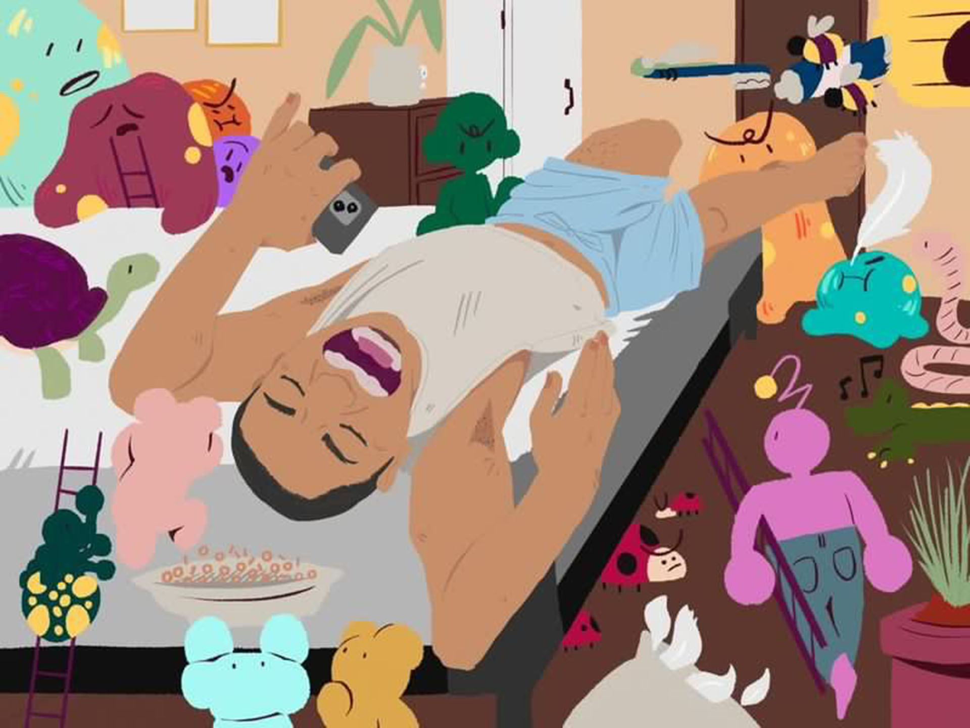 Digital illustration of a boy lying down, surrounded by whimsical doodles.
