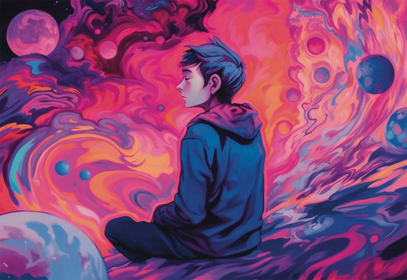 Digital illustration of a boy in a hoodie sitting cross-legged, viewed from behind as he peers into a surreal pink and purple backdrop.