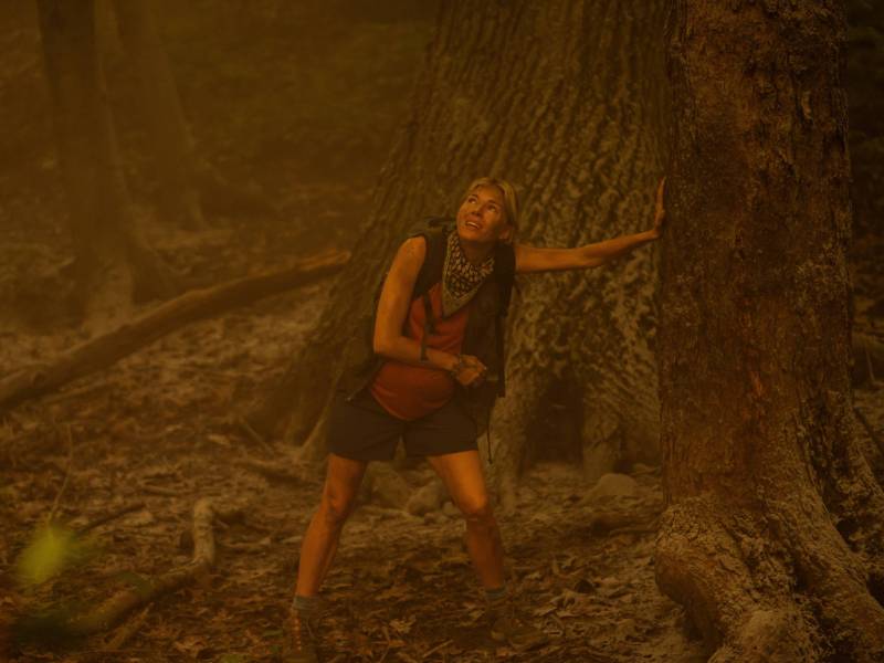 A woman dressed for a summer hike leans against the trunk of a tree and gazes up to the sky. Everything is bathed in dark red half-light.