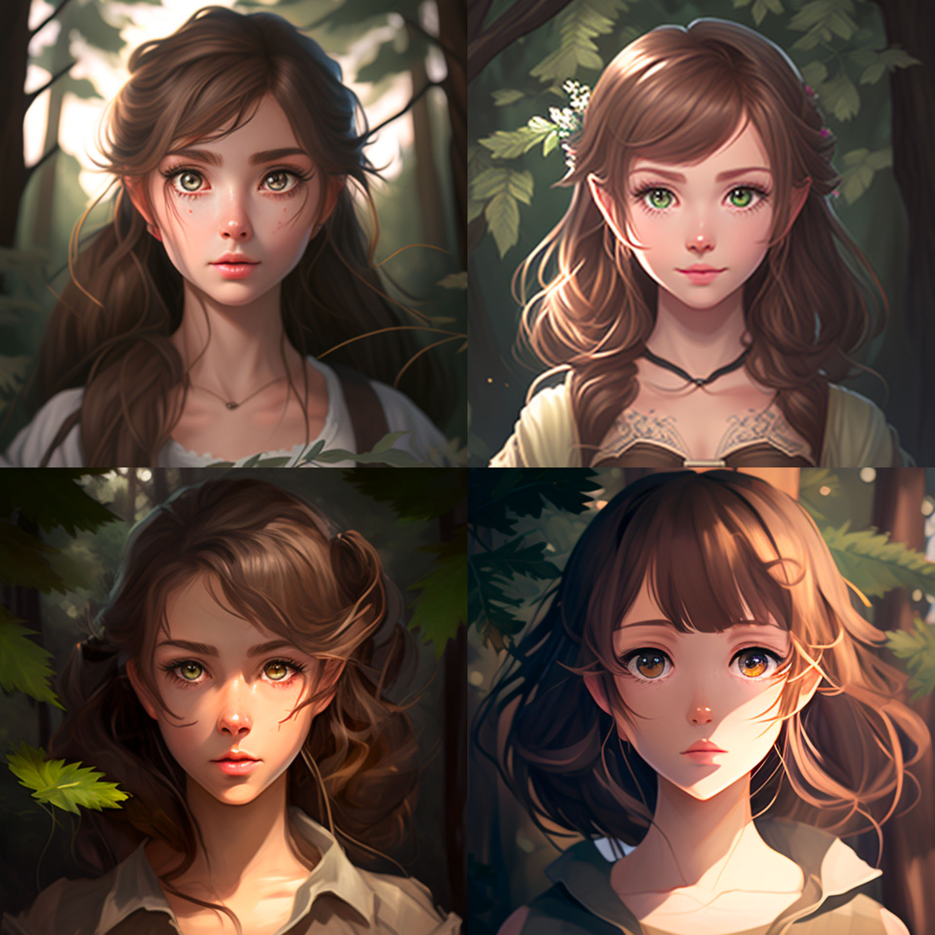 Four AI-generated digital images of an anime-style young girl against a forest backdrop.