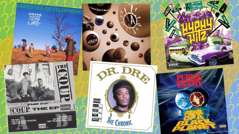 a collage of six albums: 3 Years, 5 Months and 2 Days in the Life Of...' by Arrested Development; 'The Chronic' by Dr. Dre, 'Fear of a Black Planet' by Arrested Development; 'Hyphy Hitz'; 'The Coup' by The Coup; and 'All Balls Don't Bounce' by Aceyalone