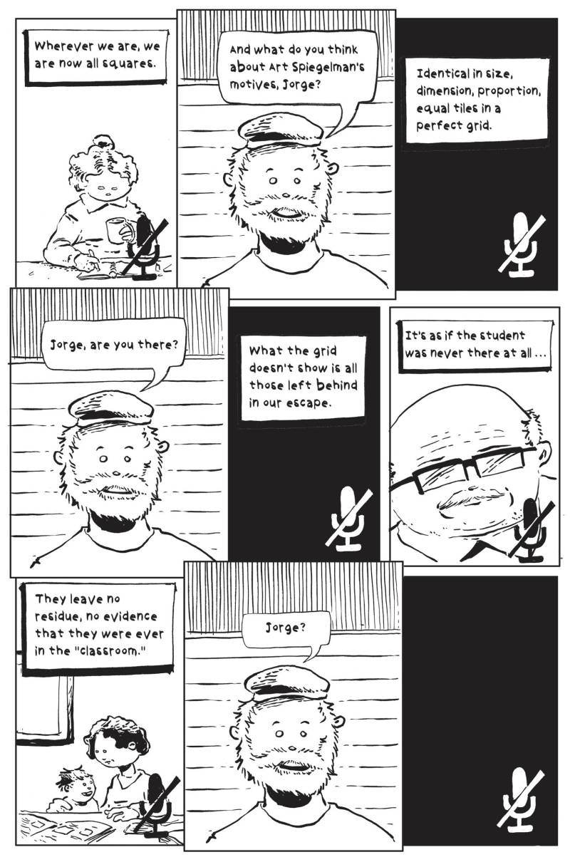 A page with nine small black and white panels depicting a teacher trying to talk to one of his students. He is talking to a muted black square.