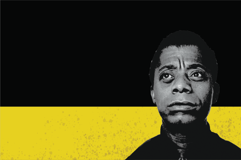 a black and white photo of James Baldwin, a Black writer and activit, against a black and yellow graphic