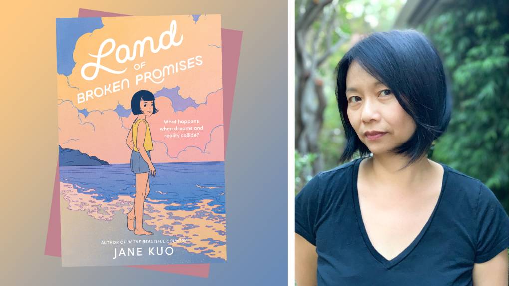 Composite image with pastel-hued illustrated book cover of young girl on beach and photograph of Asian American woman with bob haircut