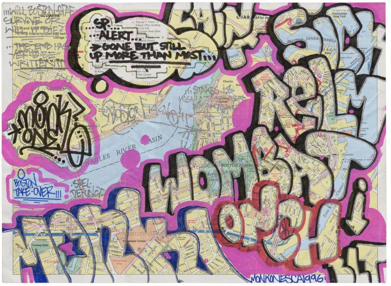 A map of Boston decorated colorfully with graffiti bubble writing.