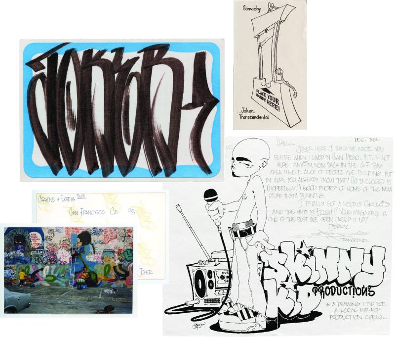A hand written letter and sketch of a man done in 90s hip hop style lays on a sheet next to a photo of graffiti, a sticker with a JOKER tag on it and some artwork of a guillotine.