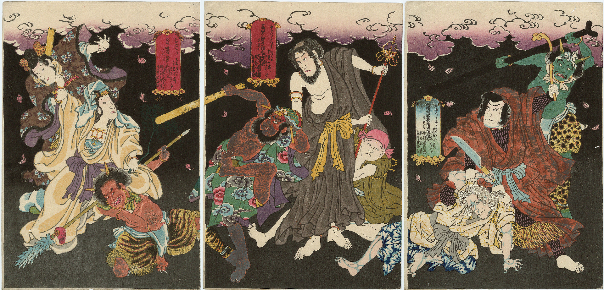 Triptych of dynamic scene of various people in robes struggling against each other