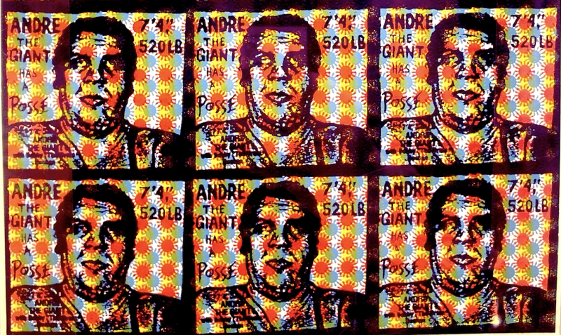A sheet of six images featuring the face of Andre the Giant with the text, 'Andre the Giant has a posse' and his height and weight.