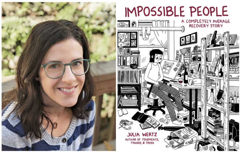 a diptych of an author, a woman with brown hair and glasses and a book cover for a graphic novel called 'impossible people'