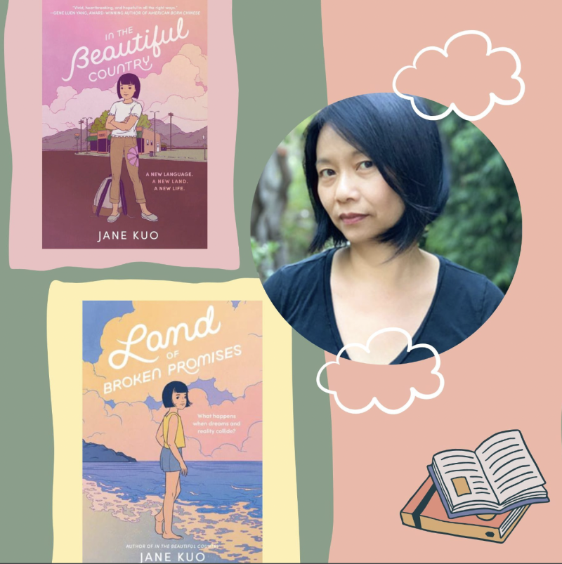 a collage of an Asian-American woman with two book covers, with titles 'In the Beautiful Country' and 'Land of Broken Promises'