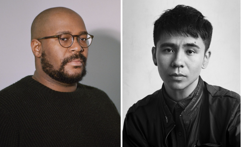 a young Asian American person in a black and white headshot and a Black man with a beard and glasses in a headshot