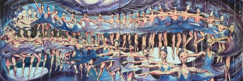 Wide painting with line of dancers patterned in figure-8