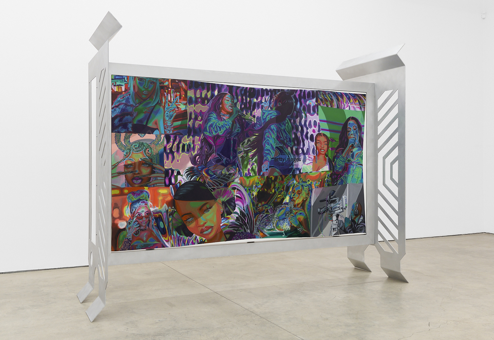 Colorful large painting with multiple figures mounted inside a metal futuristic freestanding frame
