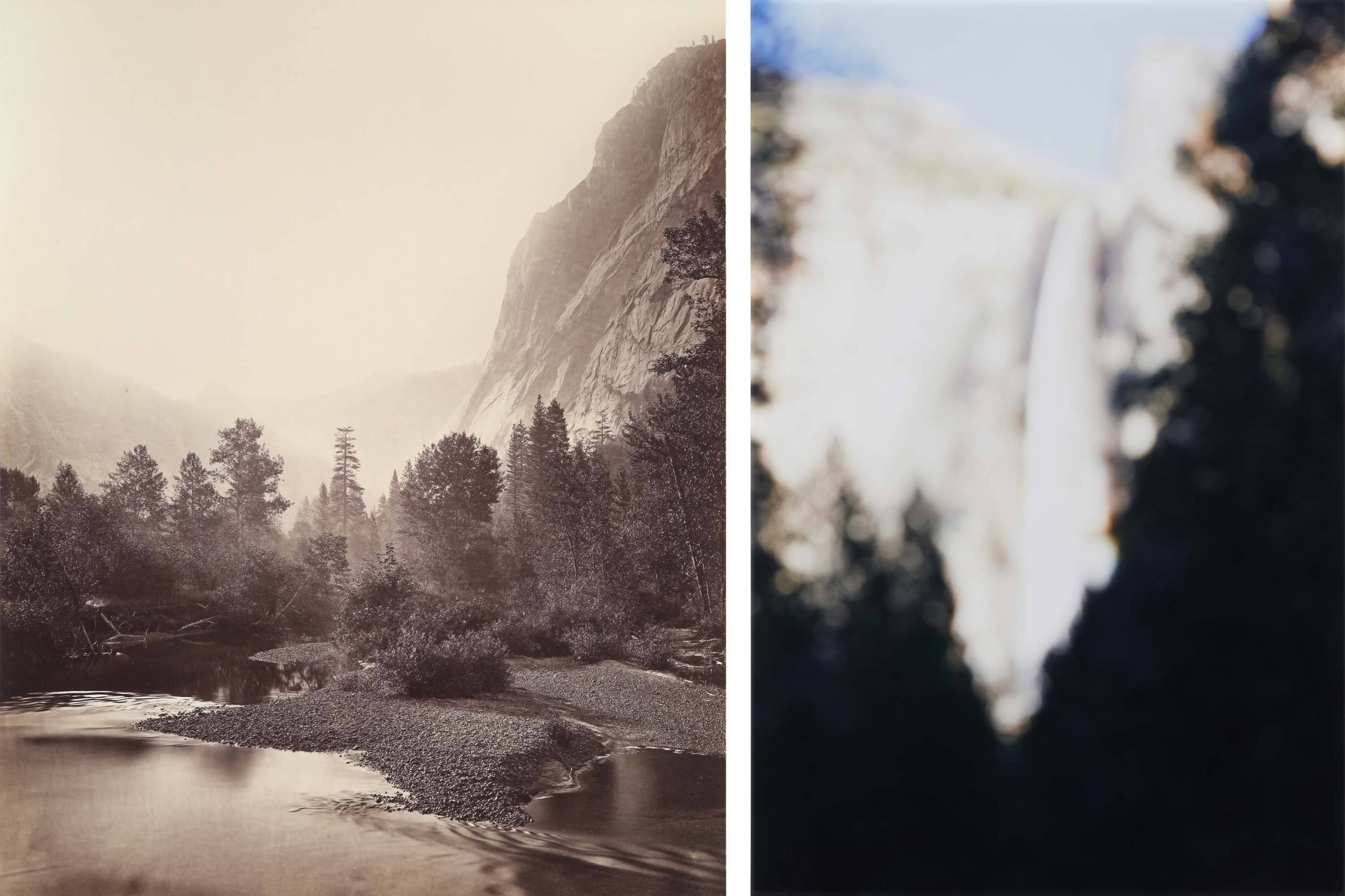 Composite images of two vertical of Yosemite, left in focus, right out of focus