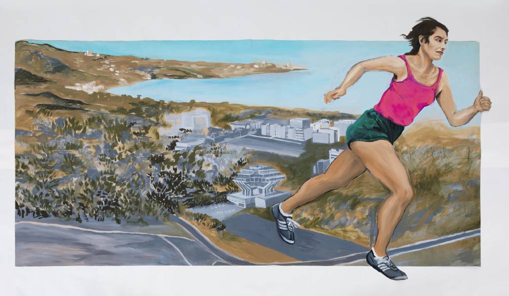 Painting of young woman in running outfit striding forward with coastal landscape behind her