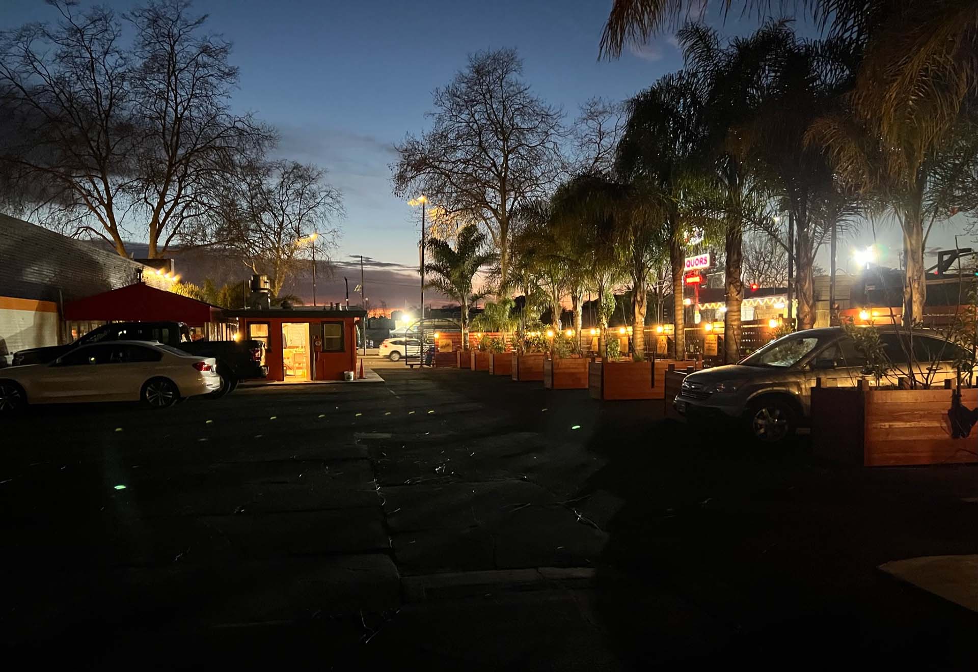 A restaurant's palm tree–lined parking lot and outdoor dining area lit up at night.