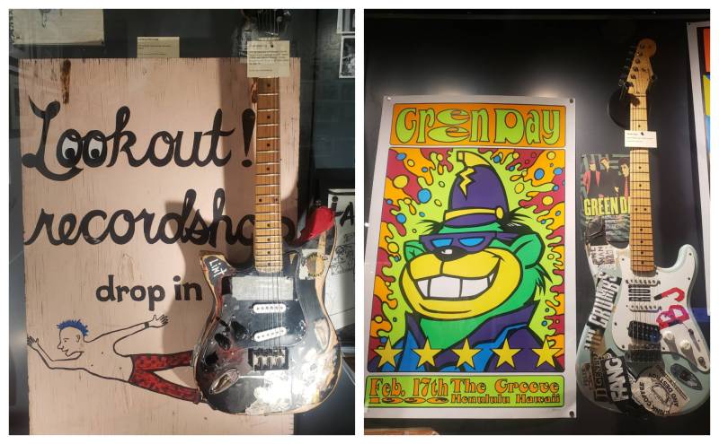 Photo 1: A pink sandwich board that says "Lookout! Records drop in" with a black, shabby guitar. Photo 2: A colorful Green Day poster featuring a cartoon bear wearing a hat and shirt next to a pale blue, sticker covered guitar.