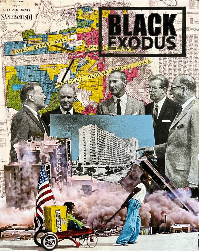 a collage with the printed words 'black exodus'