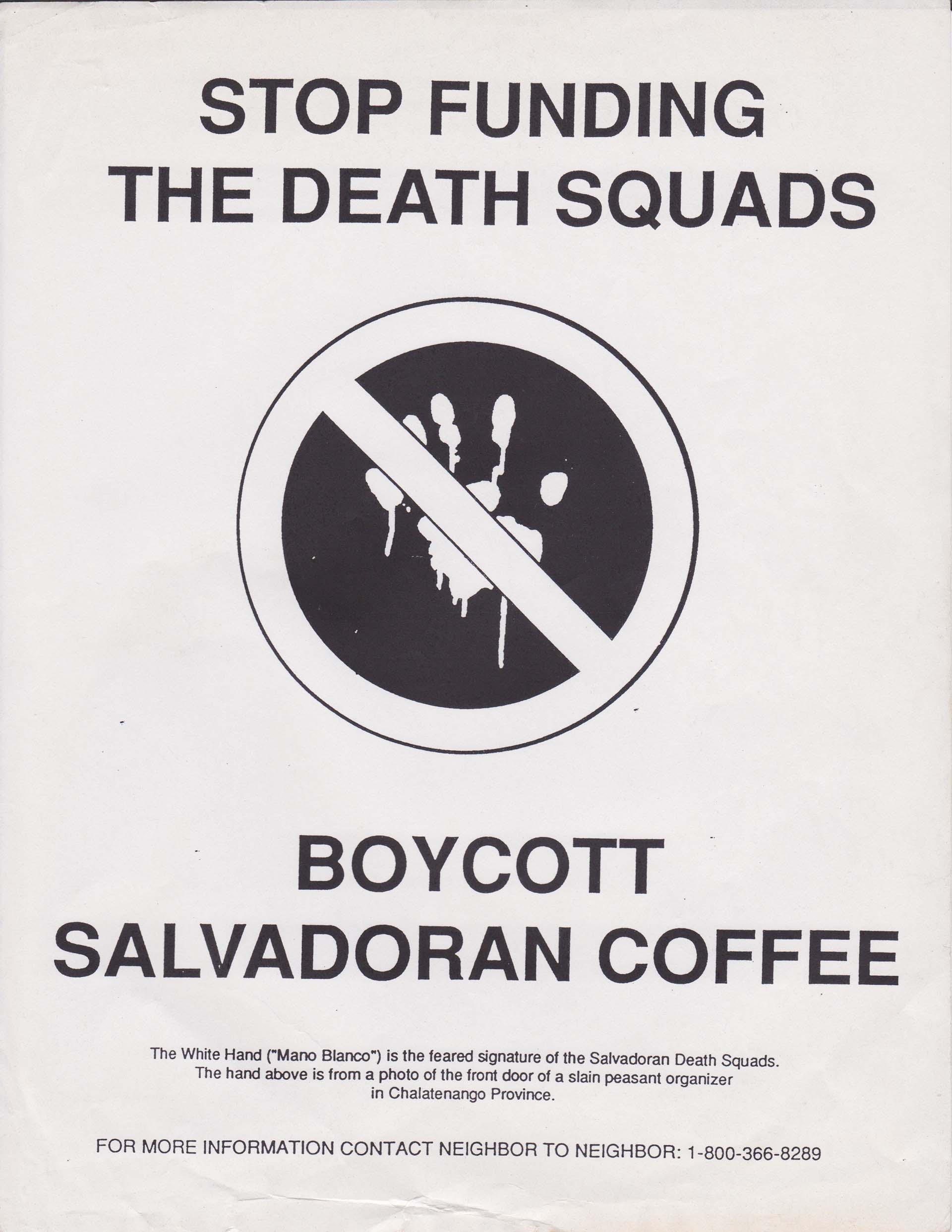 A flyer reads, "The Death Squad" and "Boycott Salvadoran Coffee."