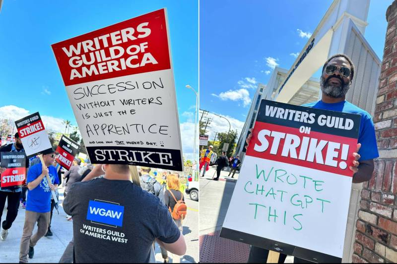 Protesters on picket lines carry signs that read: "Succession without writers is just The Apprentice — and look how well that turned out" and "Wrote ChatGPT This."