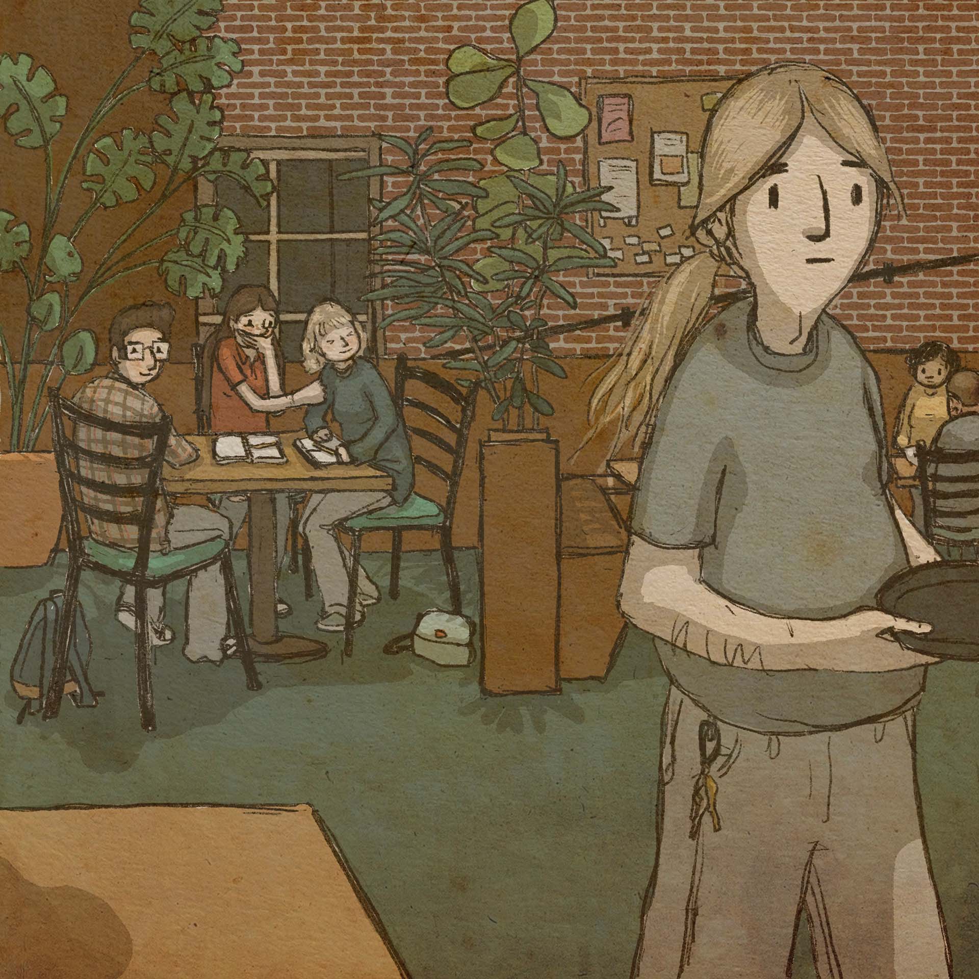 A young man with a blonde ponytail and a keychain attached to his gray pants walks past the three friends' table holding a tray. Briana (in a red shirt) covers her mouth and nudges her friend.