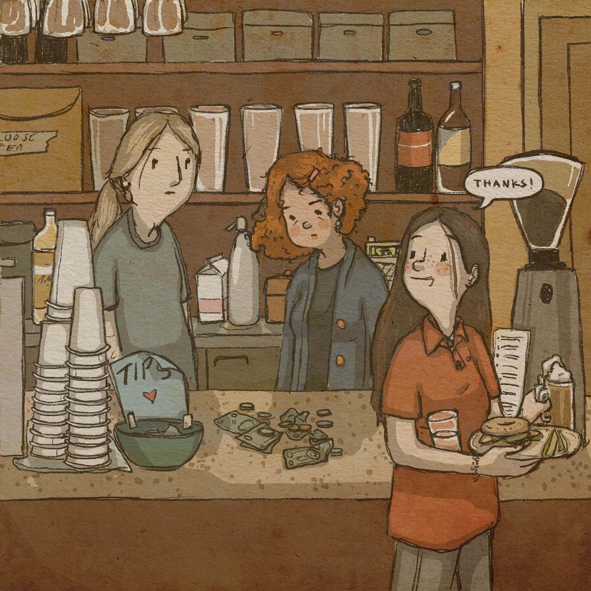 Ponytail guy and a curly red-haired employee look on from behind the counter as Briana walks away with her sandwich and hot chocolate. "Thanks!" she says. On the counter are a few scattered coins and crumpled bills. 
