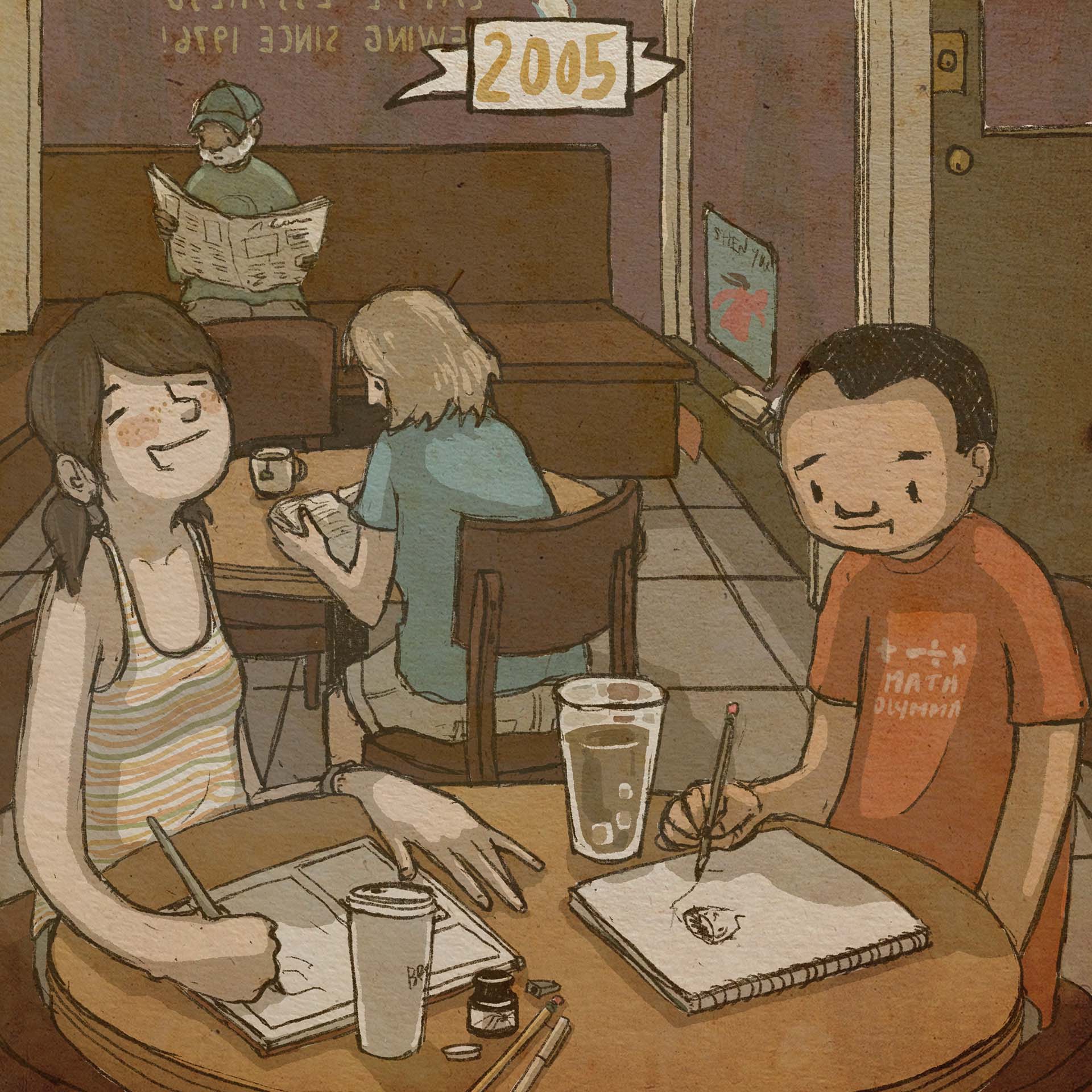 2005: Now wearing a striped tank top, Briana sits in the same coffee shop but is now joined by a friend — an Asian guy wearing a "Math Olympiad" t-shirt. The two are laughing and talking as they draw. The same older Black gentleman from the previous panel sits on his bench reading the paper.
