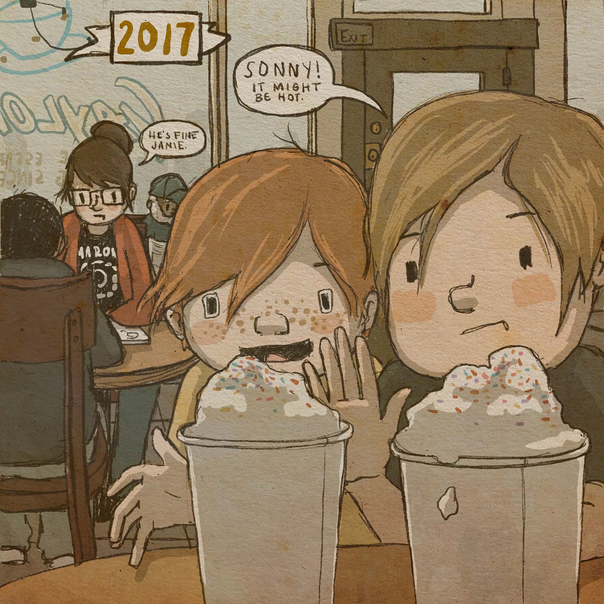 2017: Two kids — the younger one with red hair and freckles — sit in front of what appear to be cups of hot chocolate topped with giant mounds of whipped cream and sprinkles. The older sister says, "Sonny! It might be hot." Briana, older now with glasses and her hair in a bun, sits at the same table across from Thien, still drawing. "He's fine, Janie," she says.