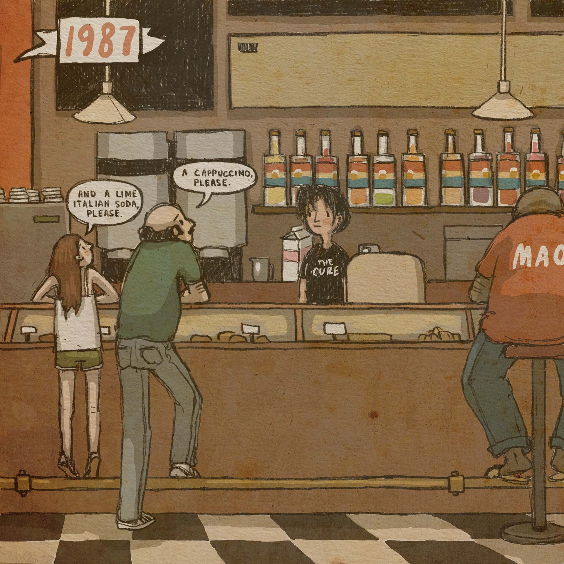 This panel is dated "1987." Balding father and young daughter order at the cafe counter where colorful flavored syrups are displayed in the back. The store employee is wearing a black t-shirt that says, "The Cure." "A cappuccino please," says the dad. "And a lime Italian soda, please," says the girl.