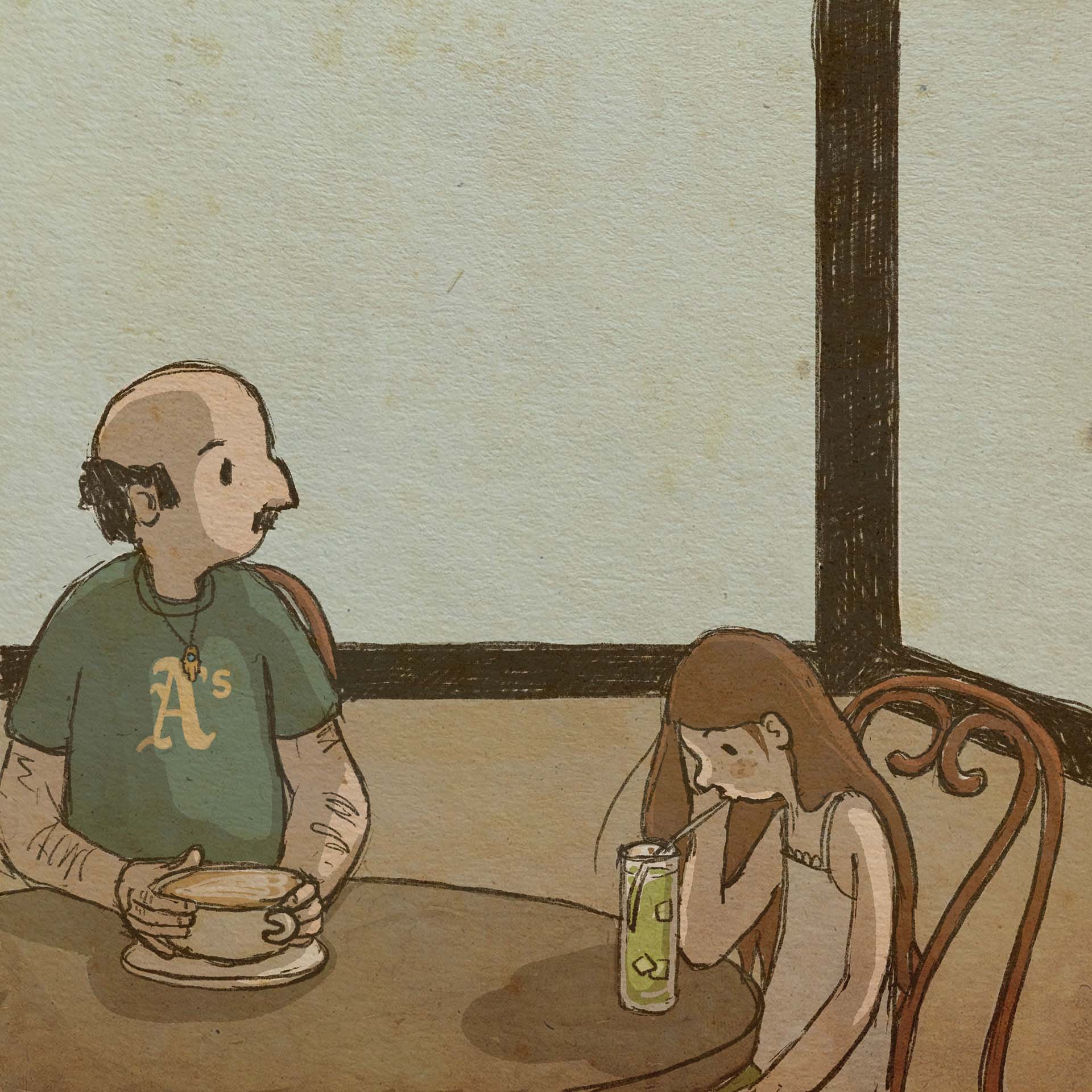The father, wearing a green A's shirt, sits at a table in the cafe with his daughter, who looks down at her glass of soda.