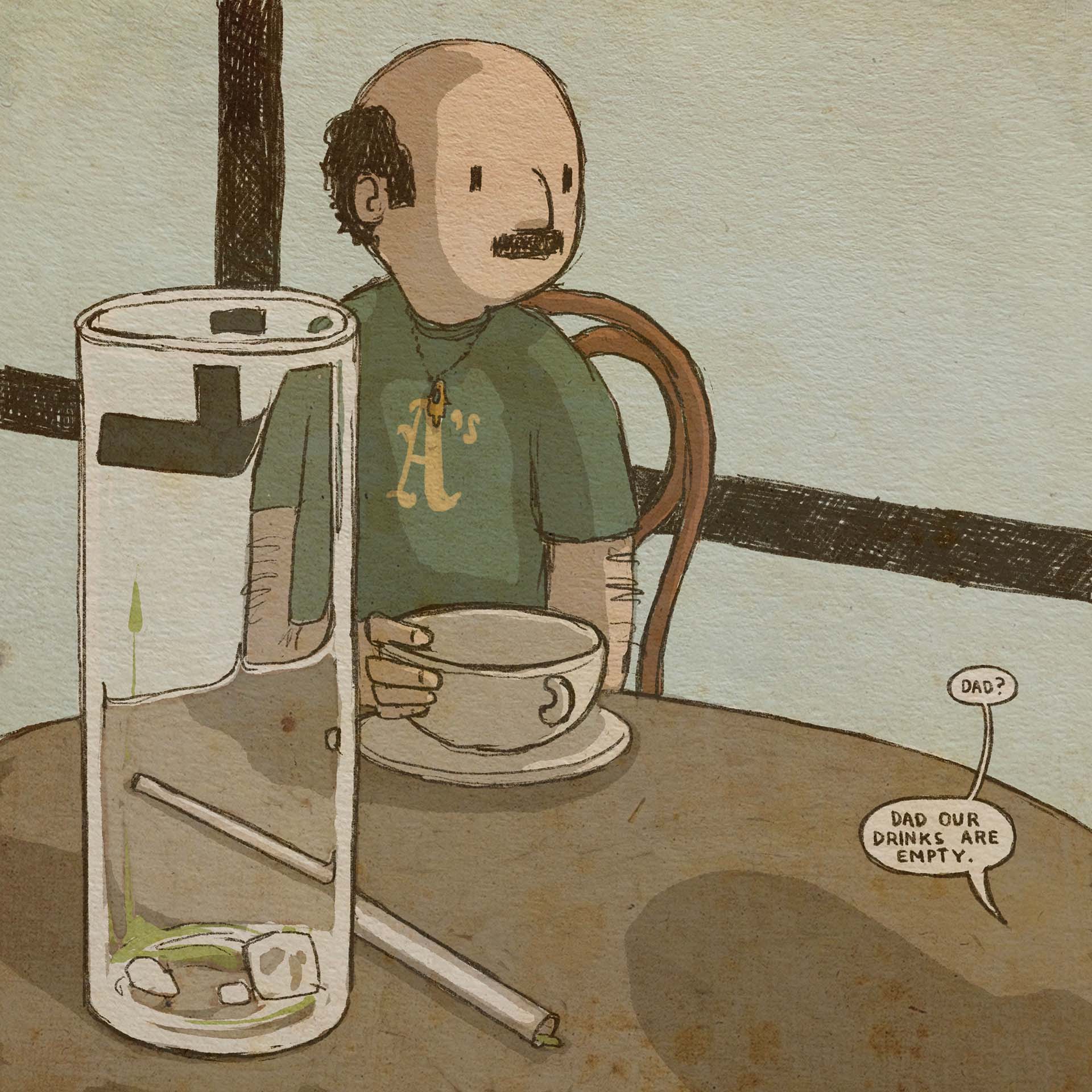 Back in the present day, the dad stares off into space. Both his coffee cup and the soda glass are now empty. Just outside the panel, the daughter says, "Dad?" "Dad, our drinks are empty."
