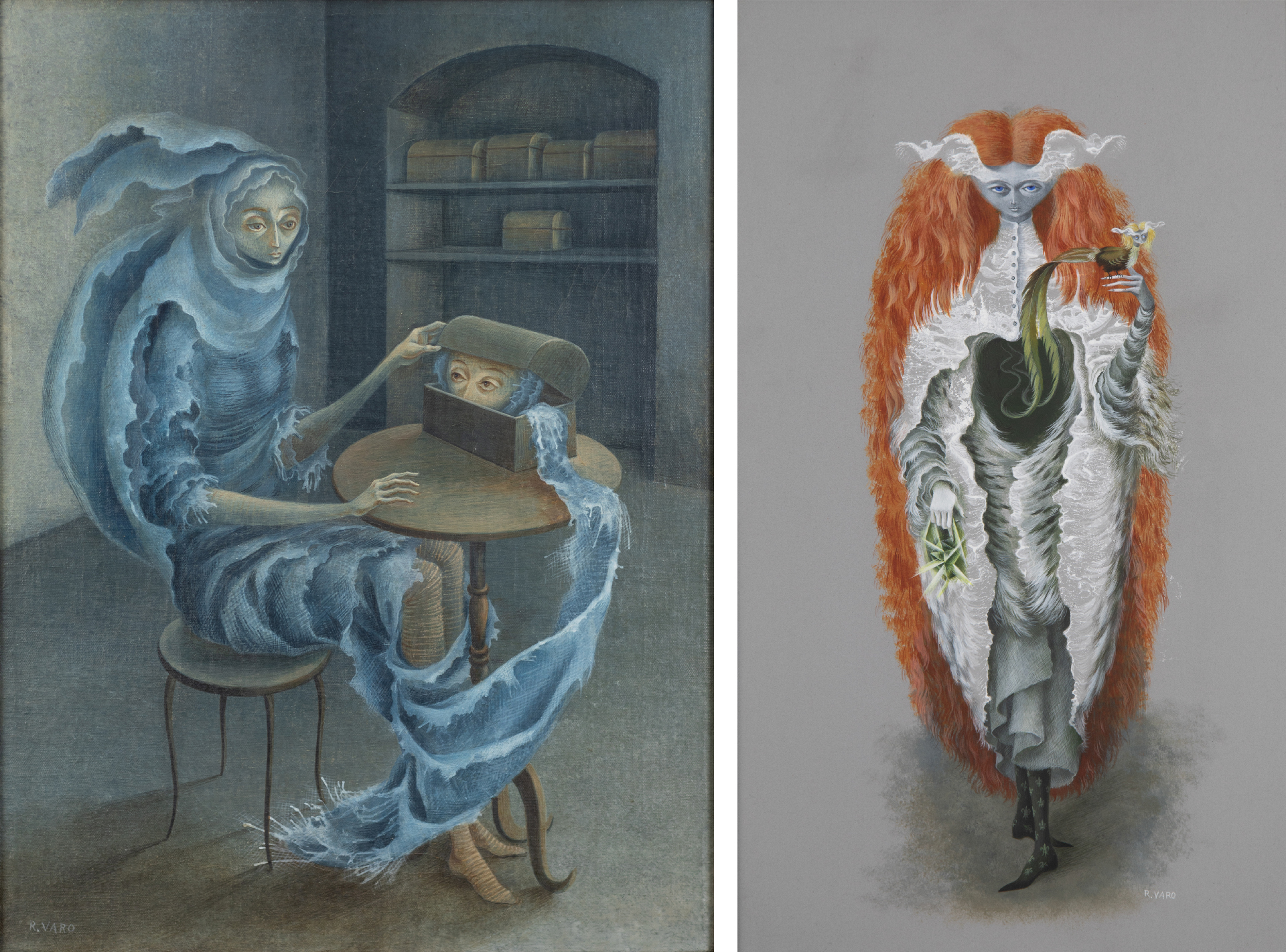 Two images: one at left of figure in watery blue cloak opening box to reveal matching eyes; one at right depicting a figure made up of frothy white waves with long red hair