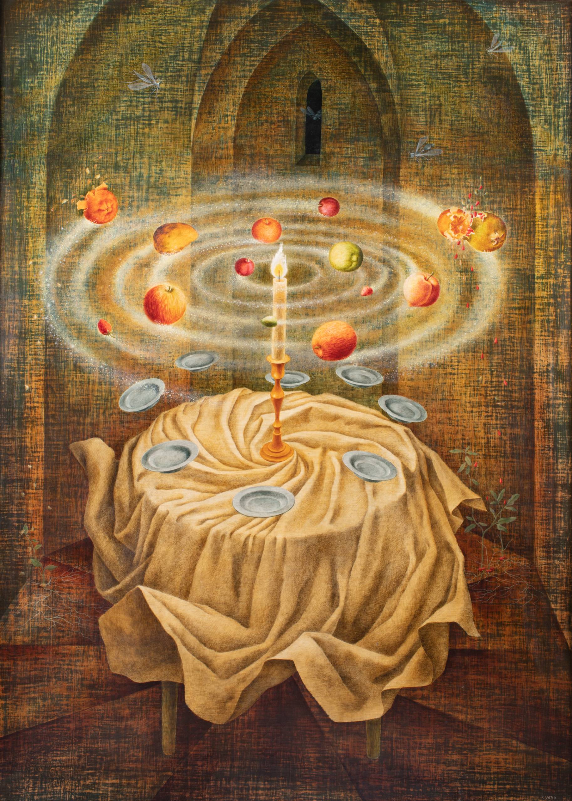 Painting of apples swirling above a table covered with a twisted tablecloth, vaulted ceiling above