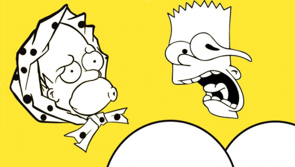 A black and white cartoon of Homer and Bart Simpson on a yellow background