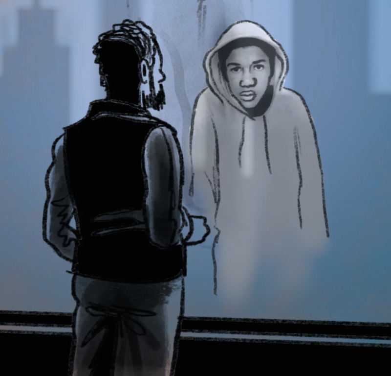 An illustration of a Black man staring at his reflection in a window. Instead of himself, he sees Trayvon Martin.