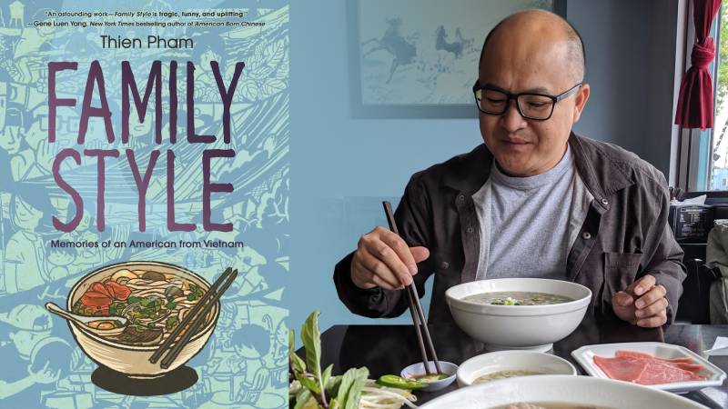 Composite image with the cover of the graphic novel 'Family Style,' which has an illustration of a bowl of pho, on the left. On the right, a photograph of author Thien Pham, in glasses and a plaid shirt, holds chopsticks as he prepares to eat a bowl of pho.