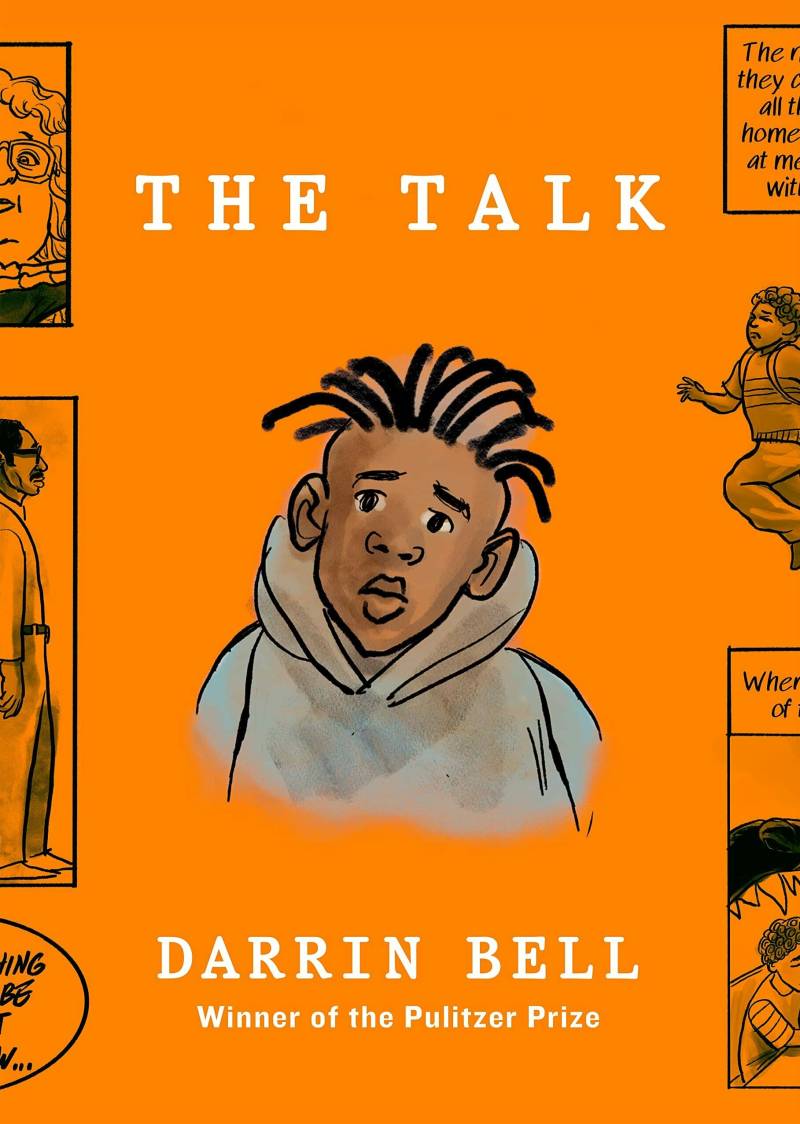 The cover of a graphic novel titled 'The Talk' features an illustration of a Black boy wearing a grey hoodie. 
