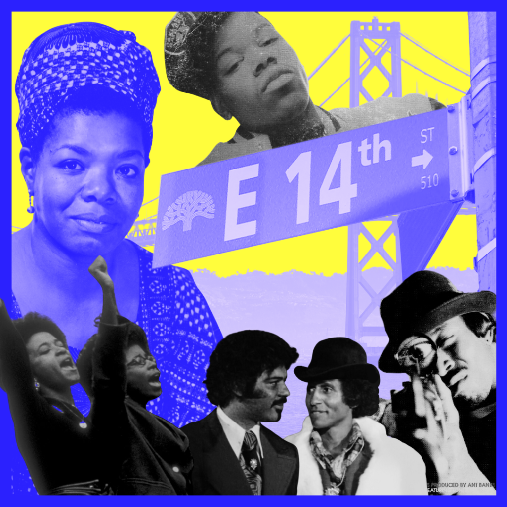 A yellow-and-blue collage features cultural figures that represent Black feminism and pimp culture, two themes explored in our new vodcast, 'What's Pimpin'?'