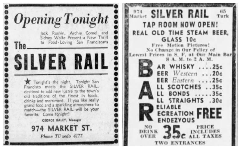 Newspaper clippings advertising a bar named The Silver Rail.