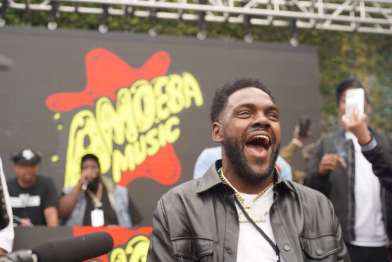 Keak Da Sneak is elated as the audience shows him love during his set at the Midway in San Francisco.
