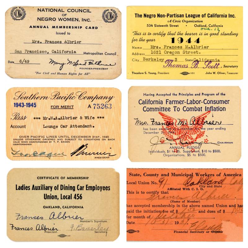 Six membership cards belonging to Frances Albrier from the organizations: the National Council of Negro Women, the Negro Non-Partisan League of California Inc., the Southern Pacific Company, The California Farmer-Labor-Consumer Committee to Combat Inflation, the Ladies Auxiliary of Dining Car Employees Union and the State, County and Municipal Workers of America.