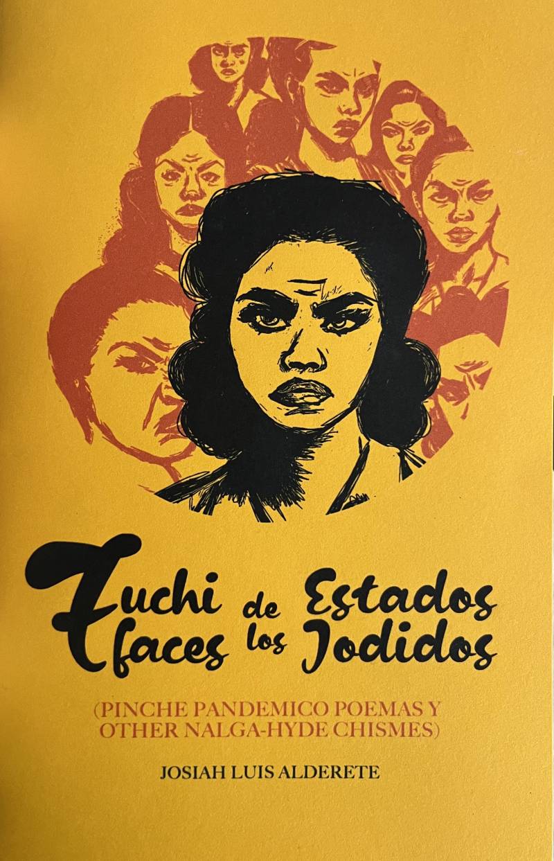 A yellow book cover with the title Fuchi Faces de los Estados Jodidos. A black ink print of a woman making a serious face is in the center.