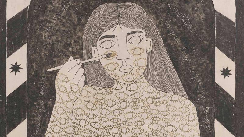 Black and white graphic painting of woman applying gold eye drawings onto her body