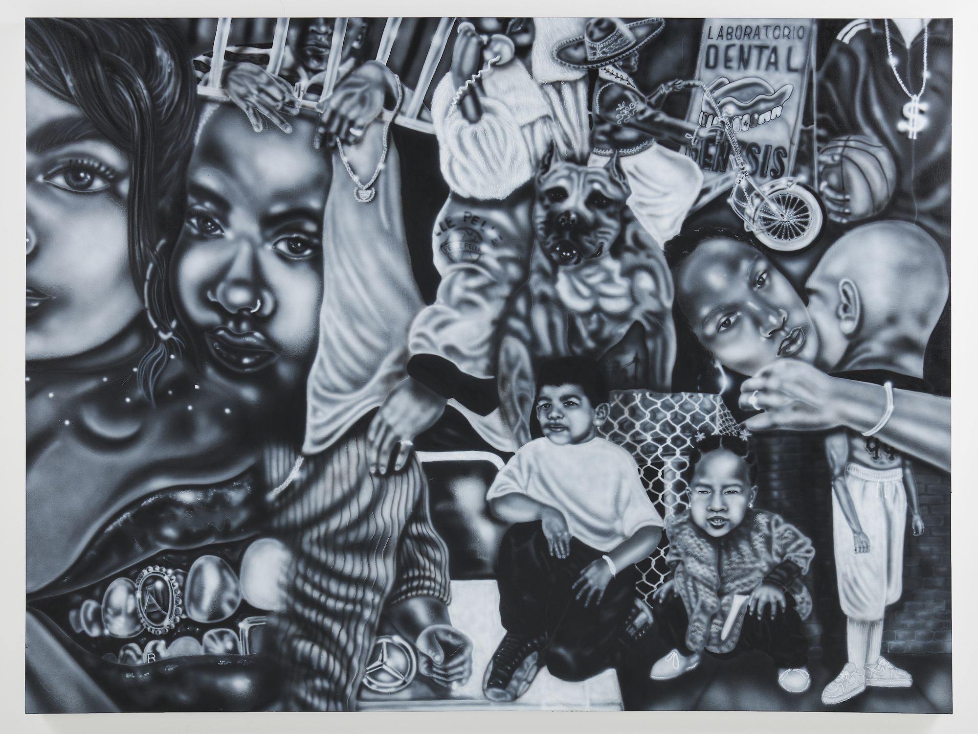 Complex black-and-white painting with airbrushed figures, dogs, teeth and chain-link fence