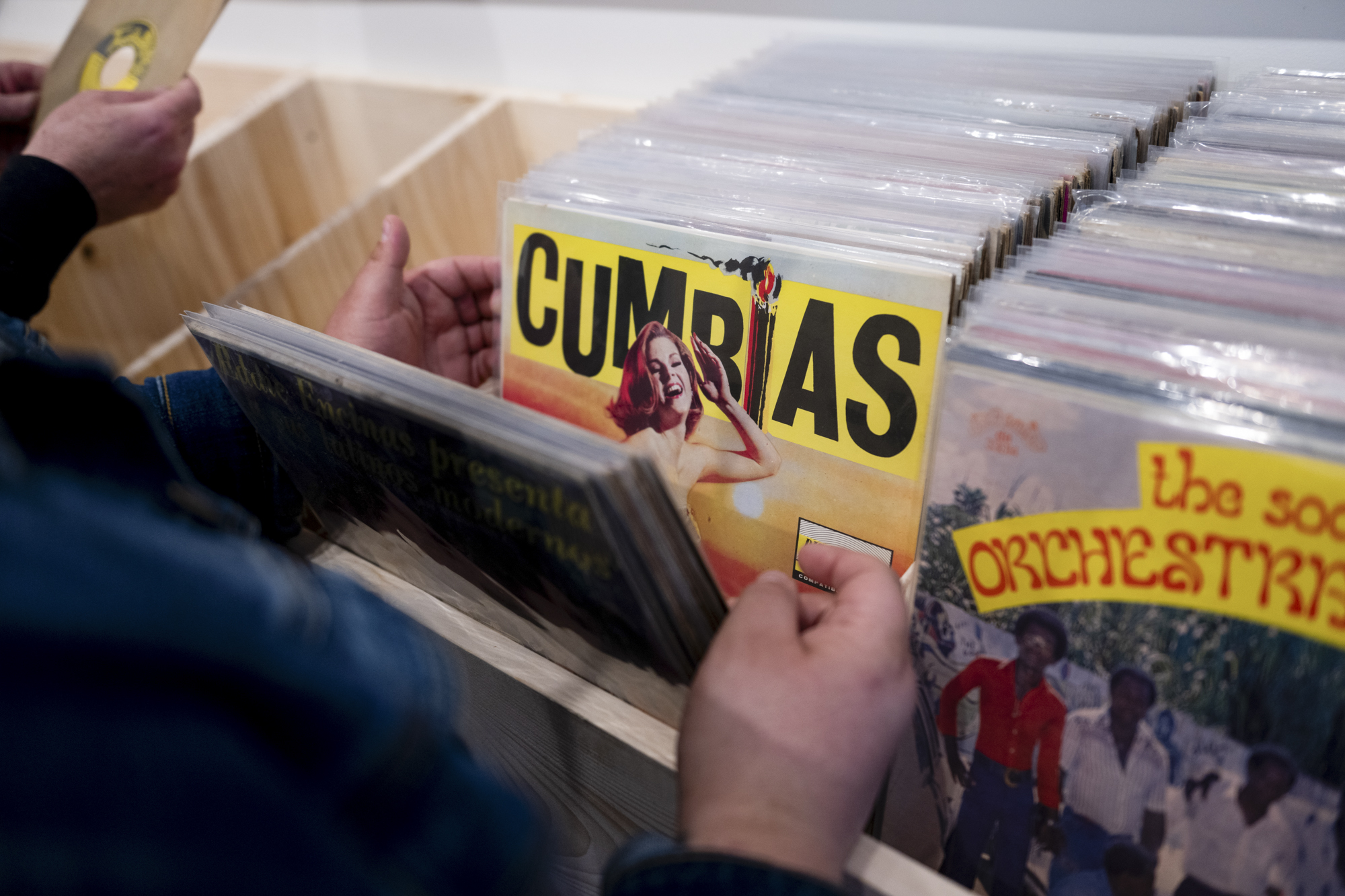 Records fill the bins at Discodelic Disco Viajantes record store
