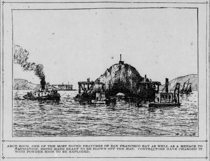 A black and white illustration showing a small island surrounded by boats and construction.