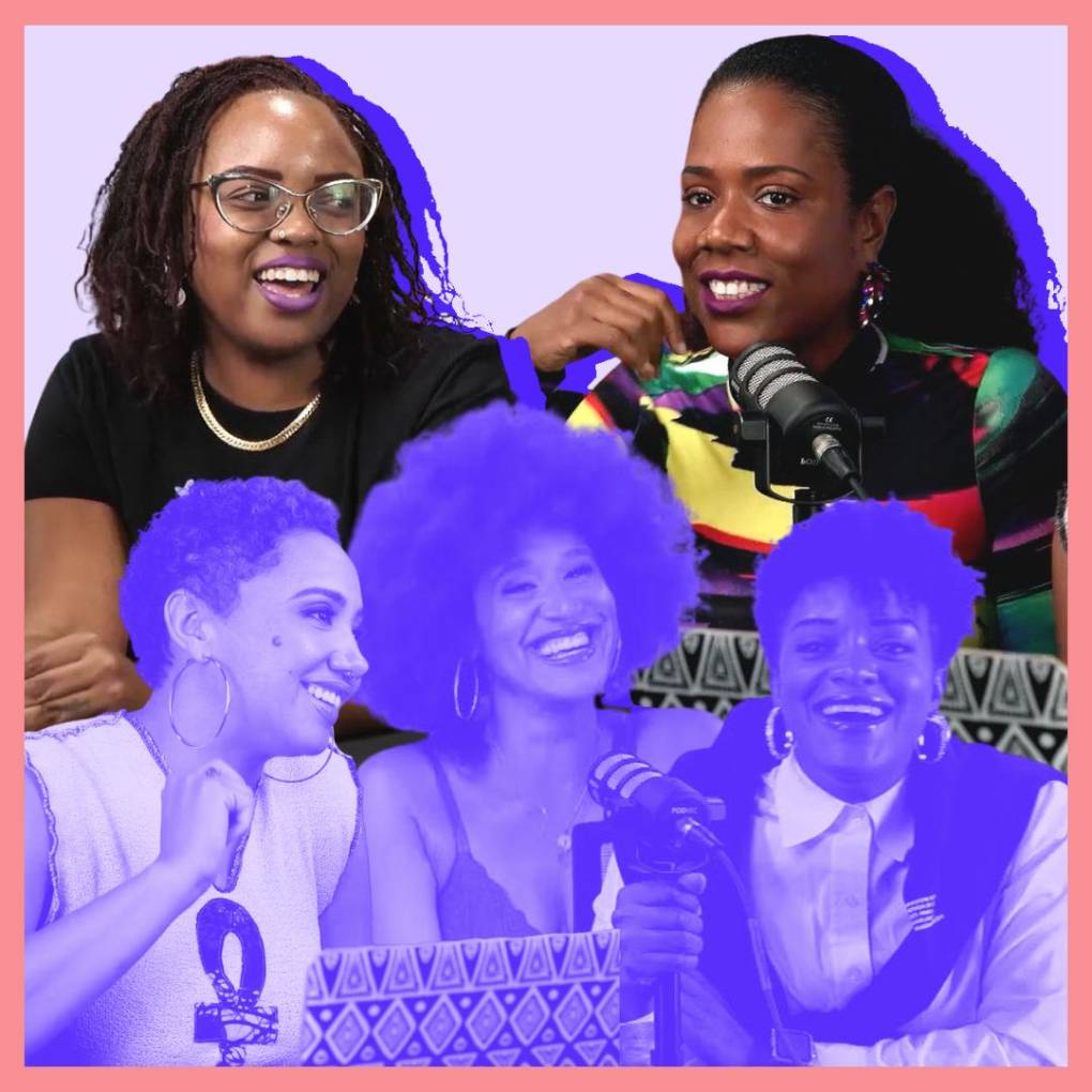 A collage features five Black women in their 30s laughing while engaging in discussion.