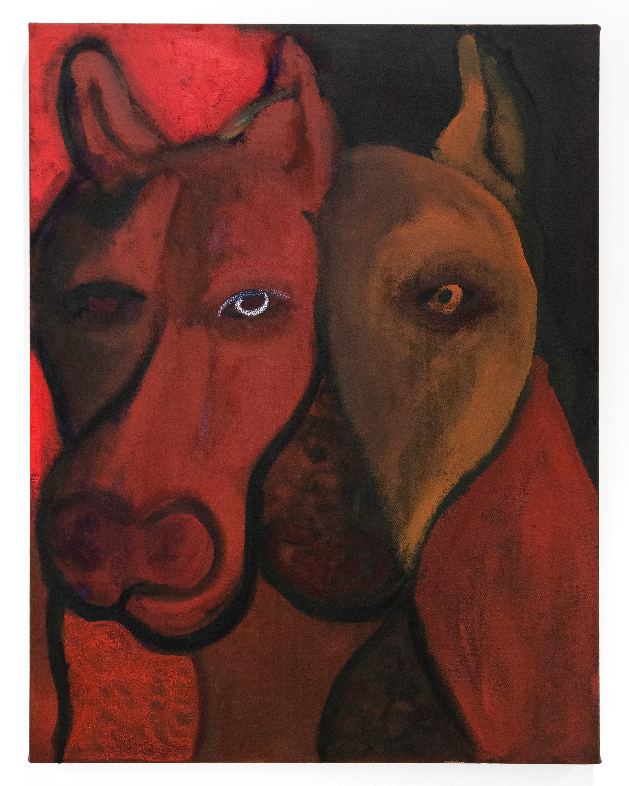 Vertical painting in reds and browns of two dogs' faces overlapping