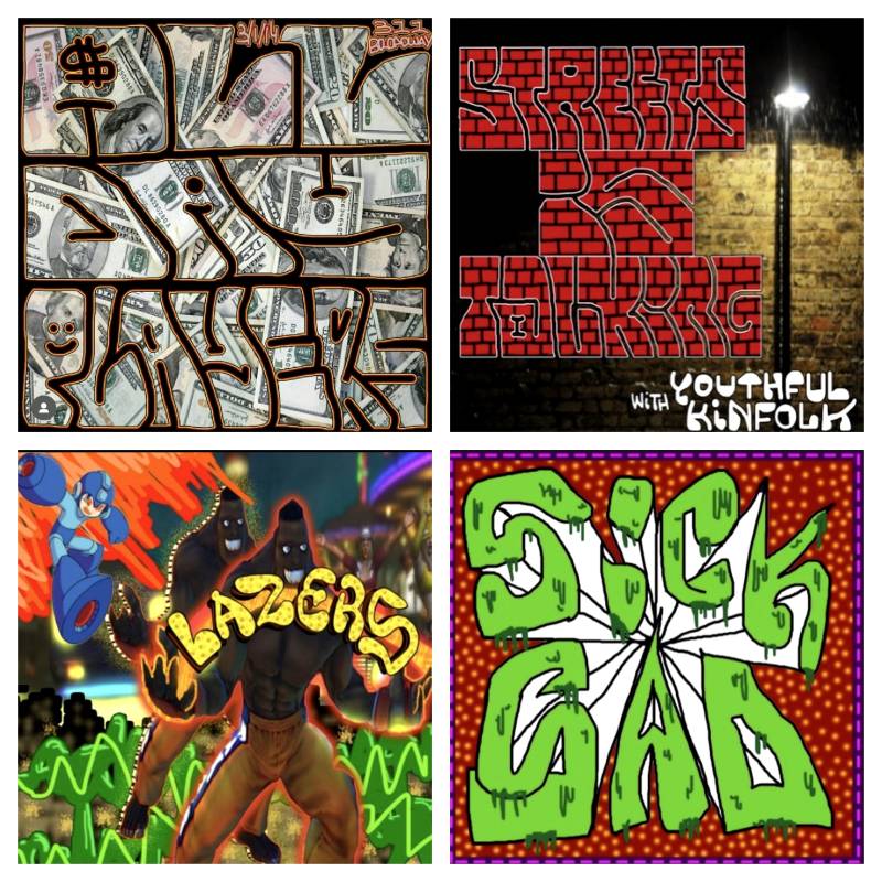 Four square graphics featuring graffiti-style lettering in bright colors. One says 'Sick Sad.' Another says 'All Day Players.' Another says 'Streets is Talking.'
